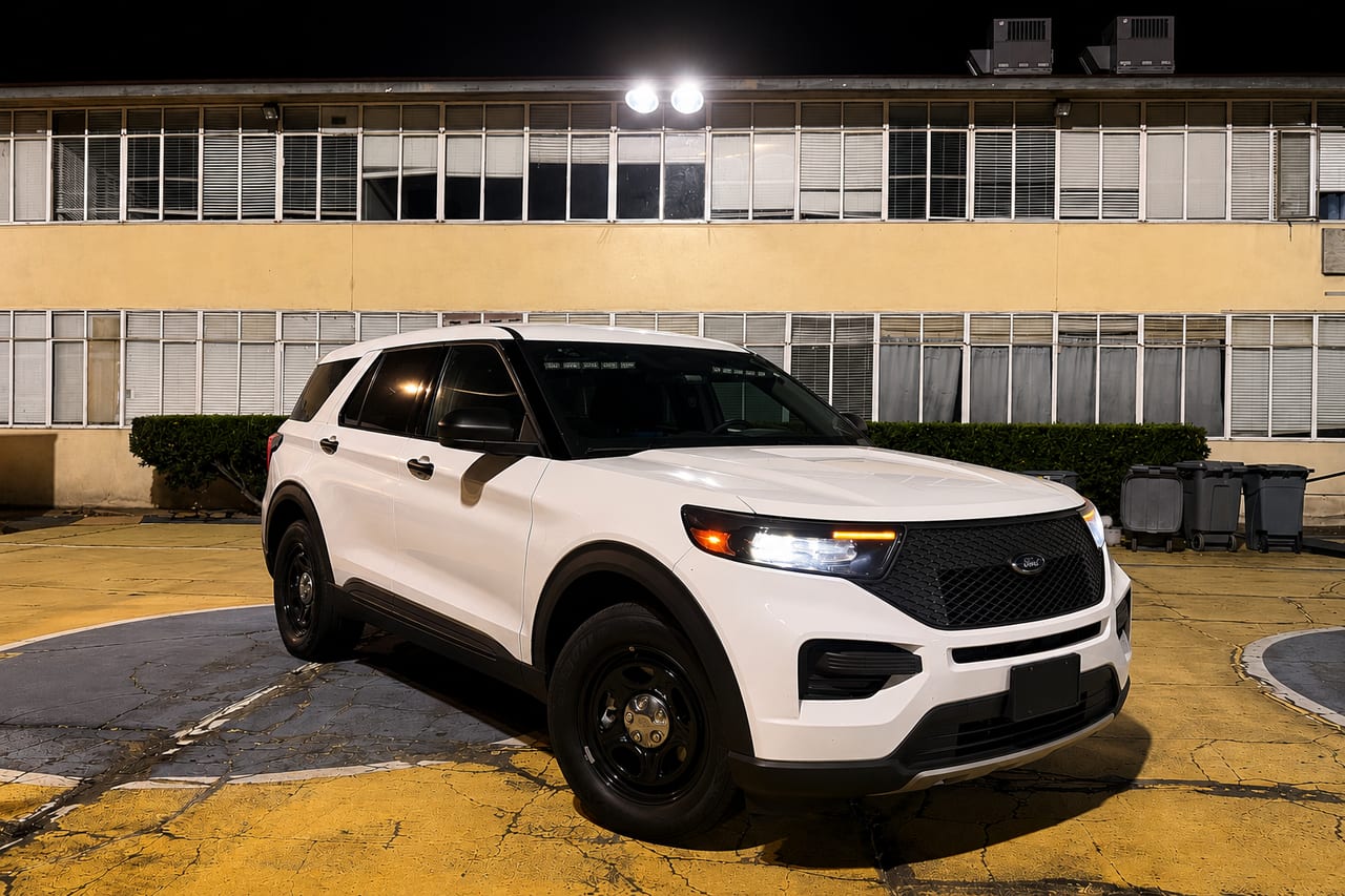 Global One Security unmarked white Ford Explorer patrol vehicle